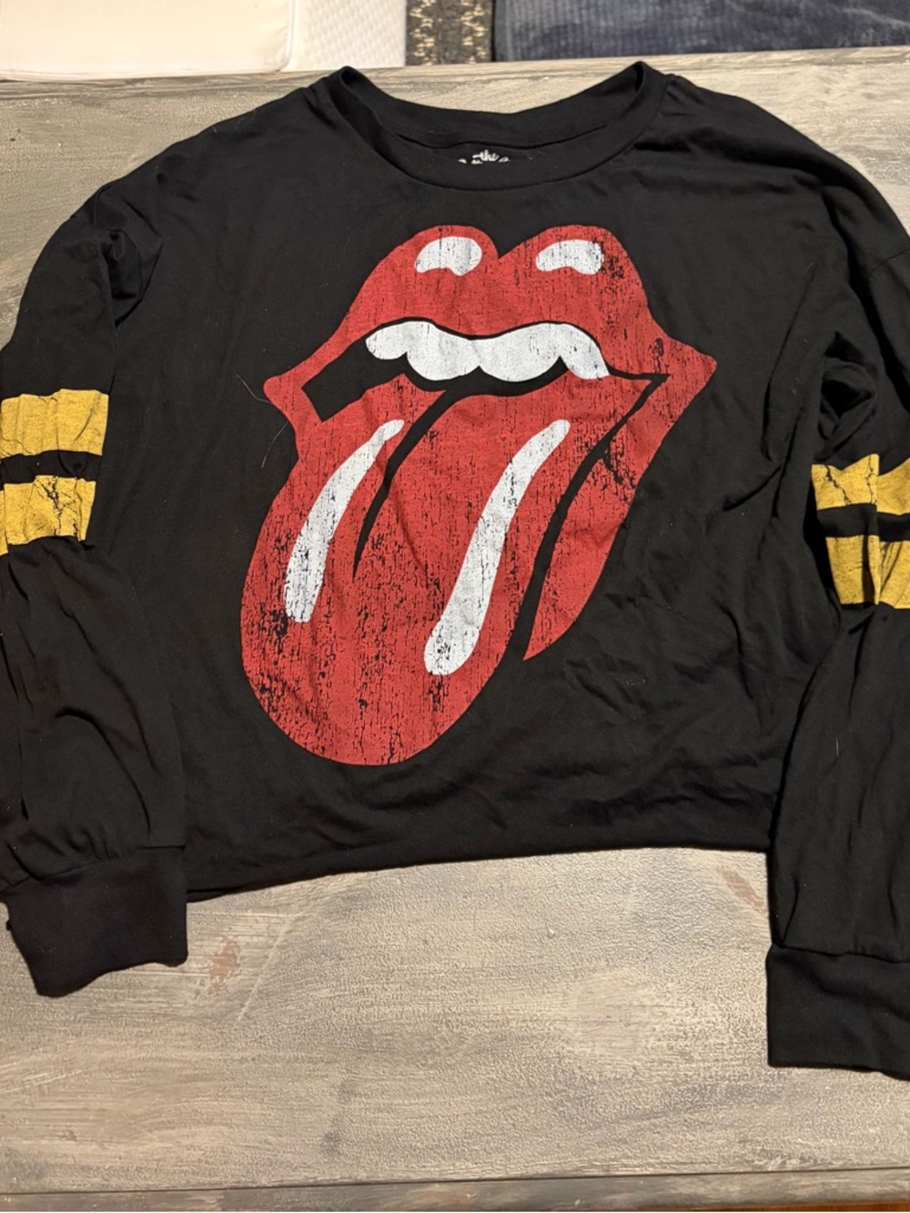 The Rolling Stones Black Tee with Red Tongue and Yellow Sleeve Stripes